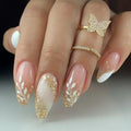 24pcs Glitter Leaves Full Cover Nail Sets Round Almond Fake Nail Tips Reusable Simple Long Oval Press on Nails