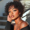 Curly Human Hair Pixie Cut Wig Short Bob with Bangs Natural Black Women Rose Curly