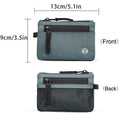 Blue pouch with dimensions and front/back labels on a white background, Obroi