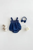Summer Baby Girls Denim Romper Ruffle Strap Bow Headband Newborn jumpsuit Infant Bodysuit