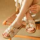 Women's Woven Slide Sandals With Double Gold Buckles Flat Slippers Summer Beach Shoes
