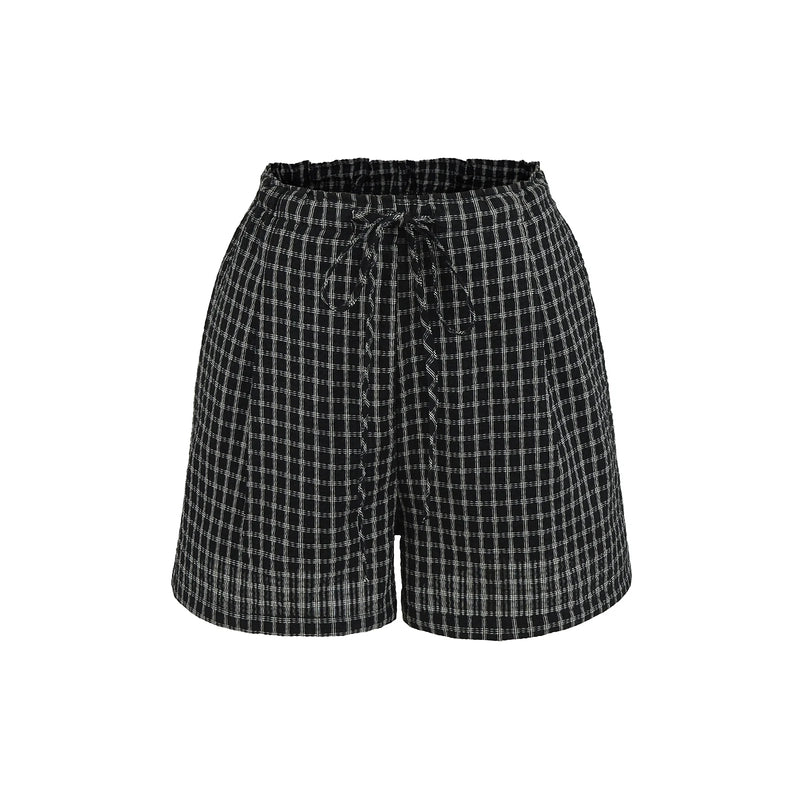Retro Women Summer Plaid Straight Shorts Bow Drawstring Waist Wide Leg Loose Casual Short Pants