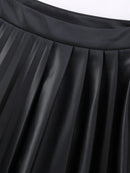 Women Autumn Preppy Style Pleated Short Skirts Streetwear Leather Mid Waist Mini Skirt