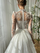 Appliques Pearl Cut-out Ball Gown Prom Dresses Floor-Length Mesh Long Sleeves Formal