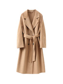Women Wool Blend Handmade Wool Belts Double Breasted Chic Long Coat Elegant Office Lady Outwears Camel