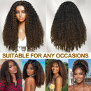 Four-panel collage showing a long, voluminous curly wig on a mannequin head and three women wearing it in different settings. The wigs are dark brown to black with warm caramel highlights, Obroi