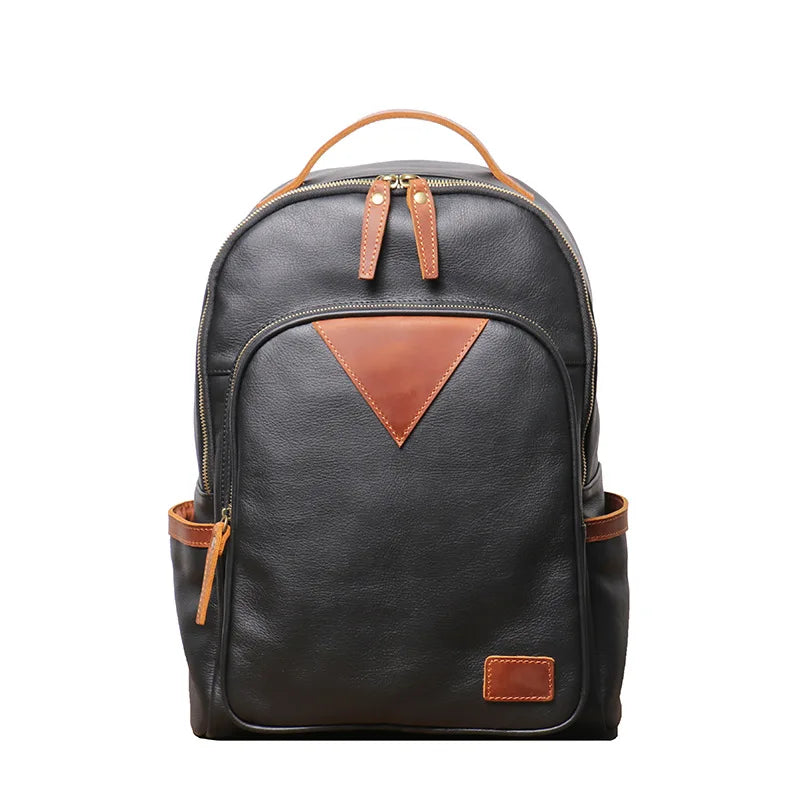 Genuine Leather Men's Bag Leather Backpack Large Capacity Computer Bag Personalized Contrast Travel Bag