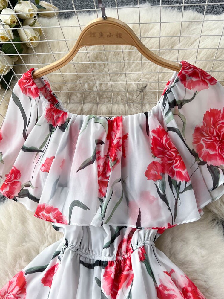 Vintage Beach Dress Women Elegant Off The Shoulder Floral Party Dresses Ladies A-line Casual Chiffon Long Robe