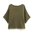 Obroi Green knit poncho with lace trim on a white background