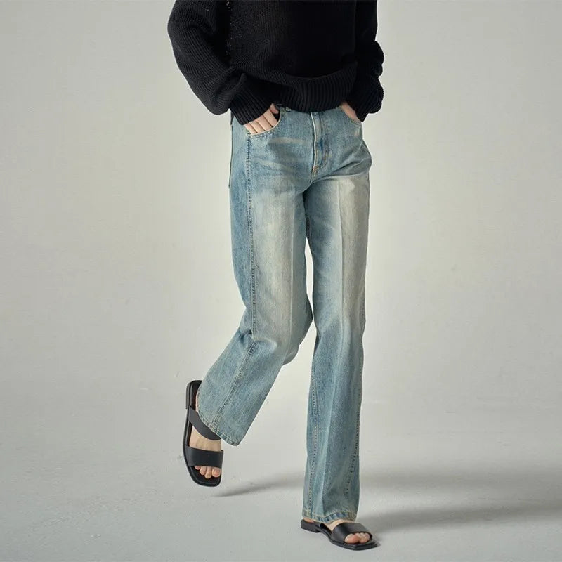 Jeans High Waisted Casual Floor Mopping Jeans Women Boyfriend Splicing Sky Blue Denim Pants