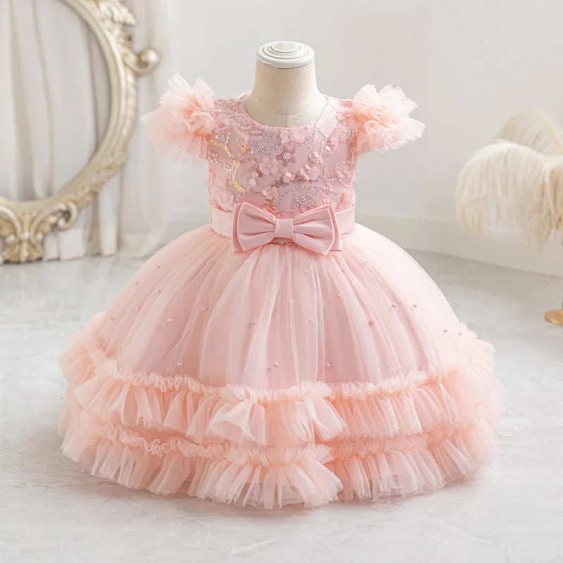 Appliques Baby Birthday Party Dress Beading Sequins Flower Girl Gown for Weddings Princess
