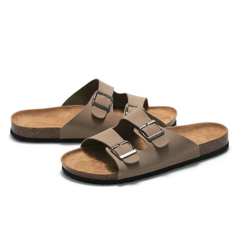Men Cork Slippers Leather Mule Clogs Slippers Soft Cork Two Buckle Slides Footwear