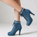 Short boots denim material lace up high heels with rivets decoration platform women's shoes