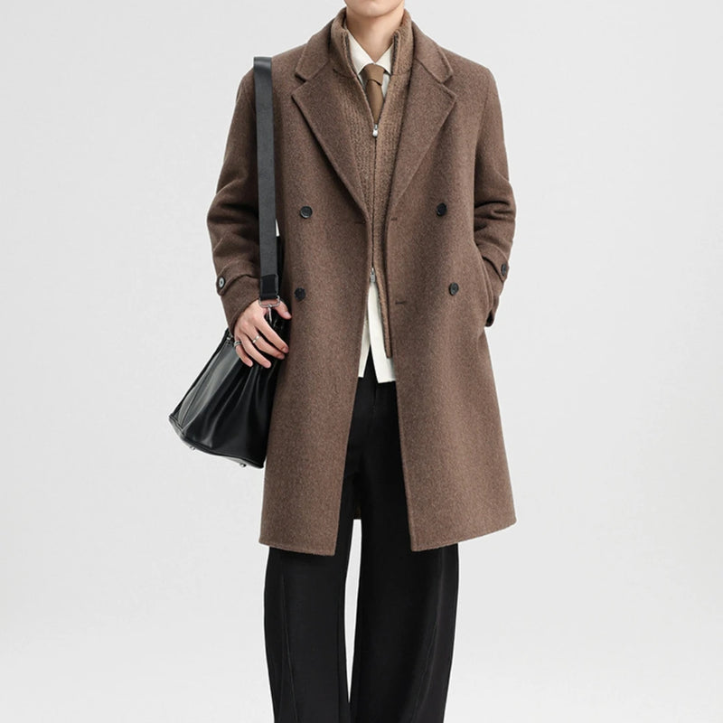Men Coat Coffee Woolen Double Thick Long Windbreaker Men Overcoat