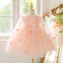 Pink tulle dress with floral embroidery on a mannequin in a bright room, Obroi