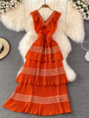 Women Elegant Long Dress Summer Ruffle Pleated Beach Dresses Ladies Slim Layer Dress