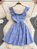 Women Hollow Out Short Dress Summer Ruffles Vintage Square Collar A Line Dresses Ladies High Waisted Beach Dress