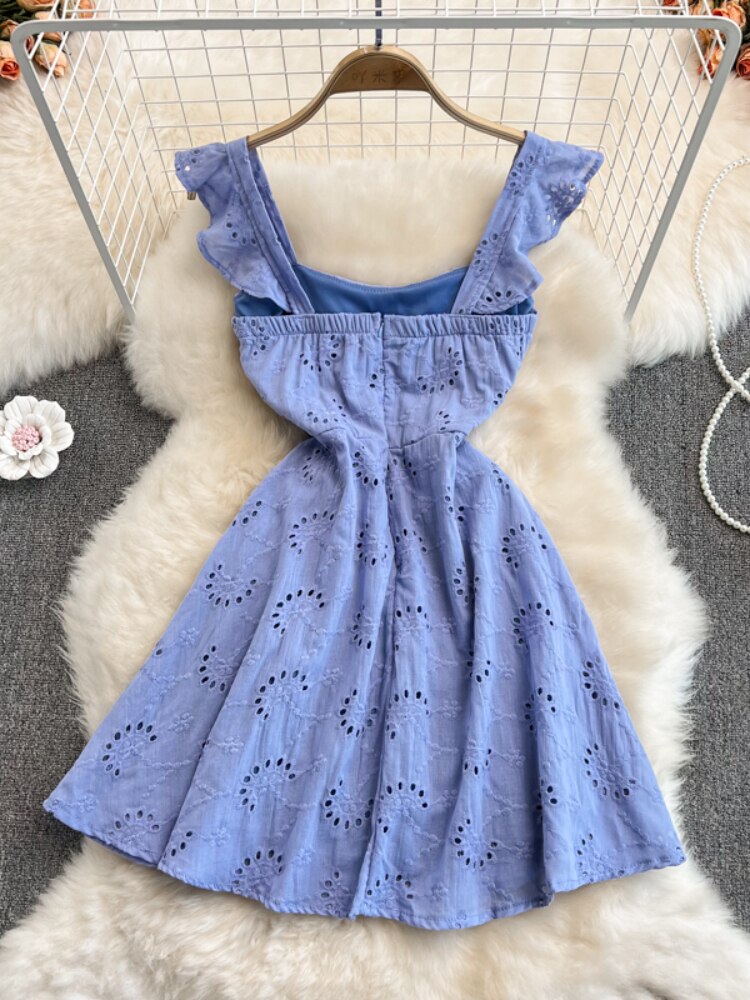 Women Hollow Out Short Dress Summer Ruffles Vintage Square Collar A Line Dresses Ladies High Waisted Beach Dress