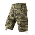 Camouflage cargo shorts on a white background