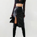 Autumn Winter Pencil Skirts Women Leather Split with Belt Midi Skirt Bodycon Party Skirts