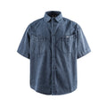 Blue denim shirt with short sleeves on a white background, Obroi