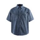 Blue denim shirt with short sleeves on a white background, Obroi