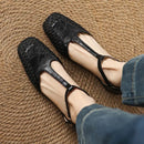 Female Sandals Square Toe Heels 3.5cm Buckle T-Strap Breathable Mesh Casual Shoes
