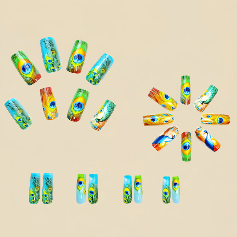 Press on Nails with Peacock Ballet False Nails with Glue Stripe Floral Nail Press on Acrylic Nail Tips