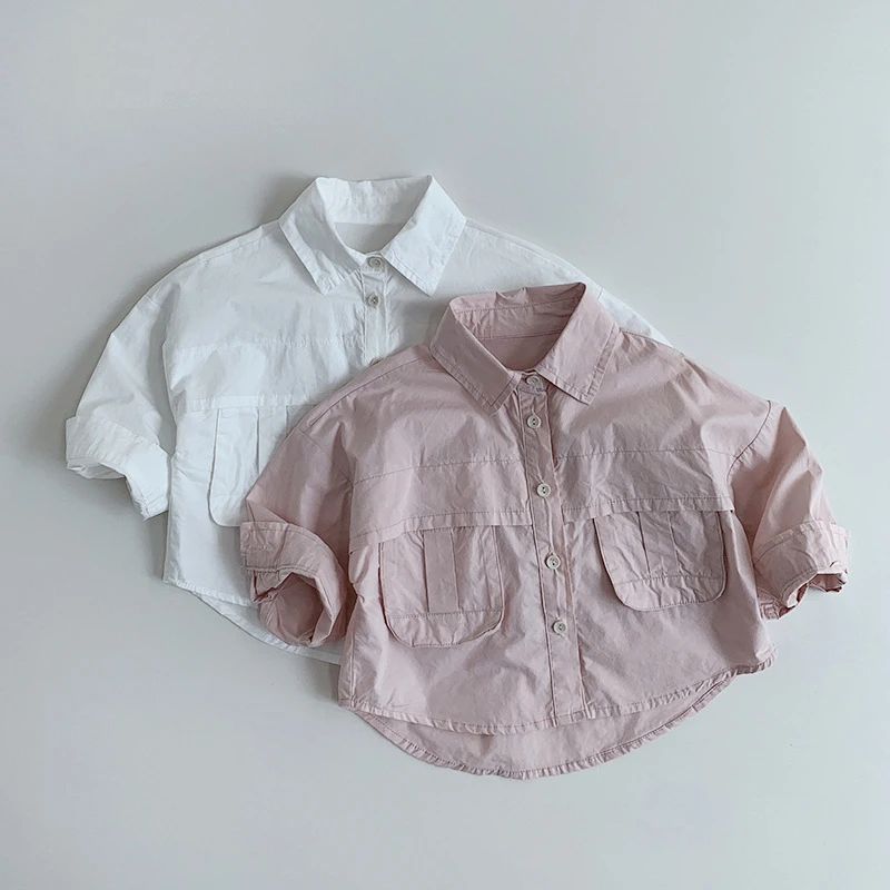 Spring Summer Children Shirts 1-8Y Boys Cotton Spliced Pockets Casual Toddler Wear
