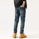 Retro Patchwork Motorcycle Jeans Men's Autumn Slim Straight Elastic Casual Long Pants Cotton Elastic Denim