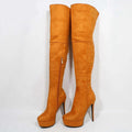 Pair of orange suede over-the-knee high-heeled boots on a white background with 'Obroi' branding.
