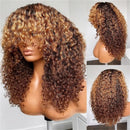 Curly wig with a brown and blonde ombré color, displayed on a mannequin head and shown from multiple angles in a three-panel collage, Obroi