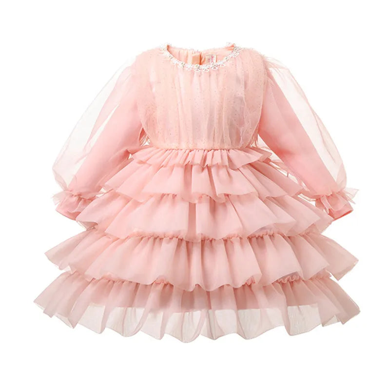 Children Layered Dress for Spring Girls Wedding Dress Lace Lantern Sleeve Princess Party Kids Clothes 1-