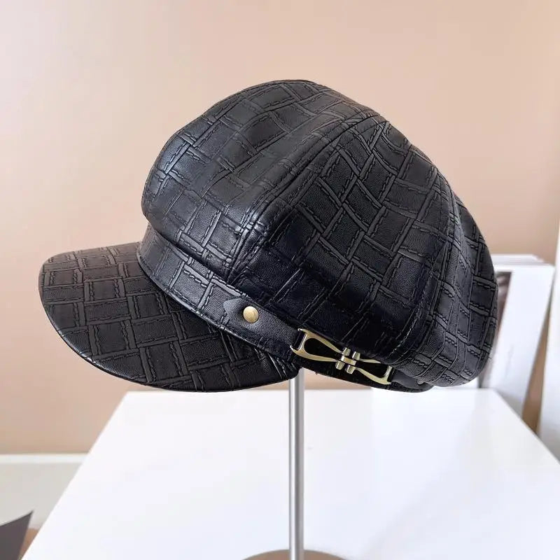 Plaid Microfiber Leather Newsboy Cap Autumn Winter Windproof Navy Cap Women Octagonal Hat