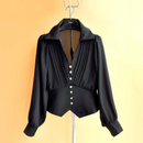 Blouse Women Slim Waist Long Sleeve Chiffon Shirts Folds Single Breasted Crop Tops