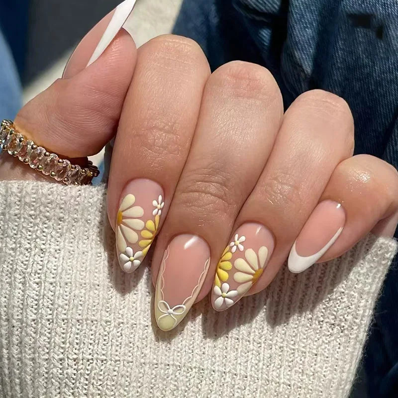 Retro Blue Simple Flowers Press on Nails for Women