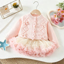 A baby girl's two-piece knit outfit set consisting of a light pink cardigan sweater with pom-pom and bow details, and a matching ruffled tulle tutu skirt in pale pink and cream, displayed on a wooden hanger, Obroi