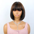 Short Straight Human Hair Bob Wig with Bangs Made Brown Honey Color Glueless