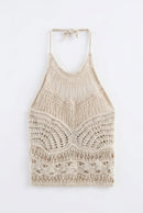 Summer Women's Hollow Knitted Hanging Neck Collar Backless Vest Hawaii Beach Party Tops Female Clothing