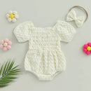 Lovely Summer Newborn Baby Girls Rompers Clothes Solid Ruched Off Shoulder Short Sleeve Bodysuits Jumpsuits Headband Outfits