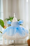 Light blue dress with floral embellishments on a mannequin against a blurred indoor background, Obroi