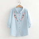 Girl Floral Embroidery Cotton Yarn Shirts Women Casual Loose Blouse