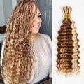 Woman with long, wavy hair next to a bundle of hair extensions with a gradient from brown to blonde, Obroi