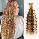 Woman with long, wavy hair next to a bundle of hair extensions with a gradient from brown to blonde, Obroi
