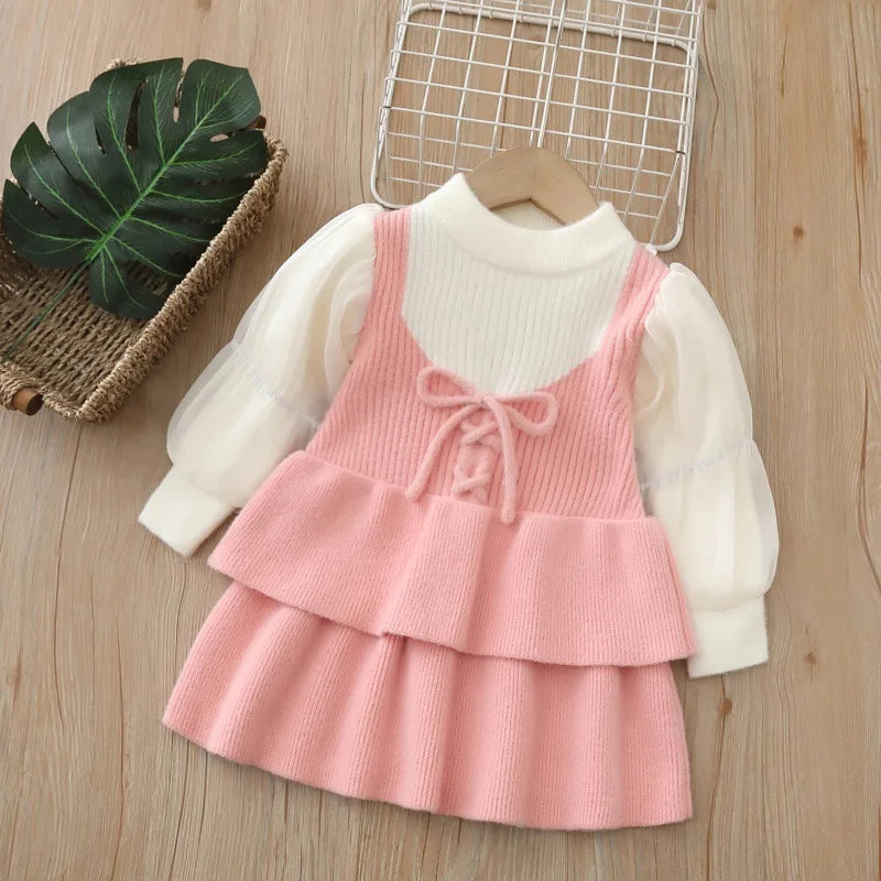 Autumn Kids Jersey Dress 2-6T Cute Color Block Puff Sleeve Girls Princ Autumn Kids Jersey Dress 2-6T Cute Color Block Puff Sleeve Girls Princ