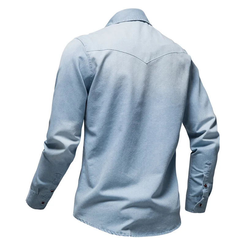 Spring Autumn Denim Shirt Men Casual Long Sleeve shirt Slim Fit Personality Pocket Blue Shirt