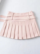 Women Summer  Slim Pleated Cute Chic Heart Belt Mini Skirt Streetwear