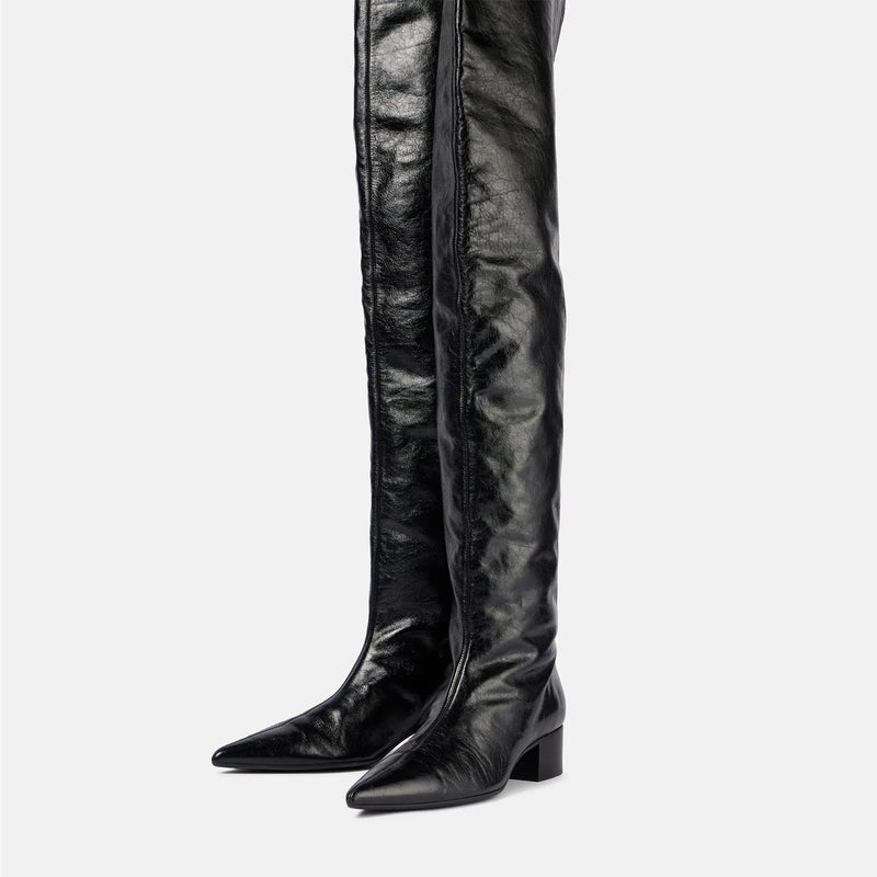 Black Over the knee boots Pointed toe Slip-on Middle heel Modern boots Modern boots