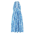 Women Backless Halter Blue Floral Midi Dresses Sleeveless Female Holiday Summer Dresses