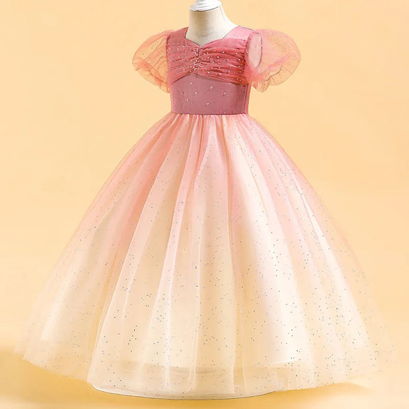 Girls Evening Princess Wedding Formal Dress Star Embellished Puff Sleeves Long Formal Gown Birthday Party Prom Kids Clothes